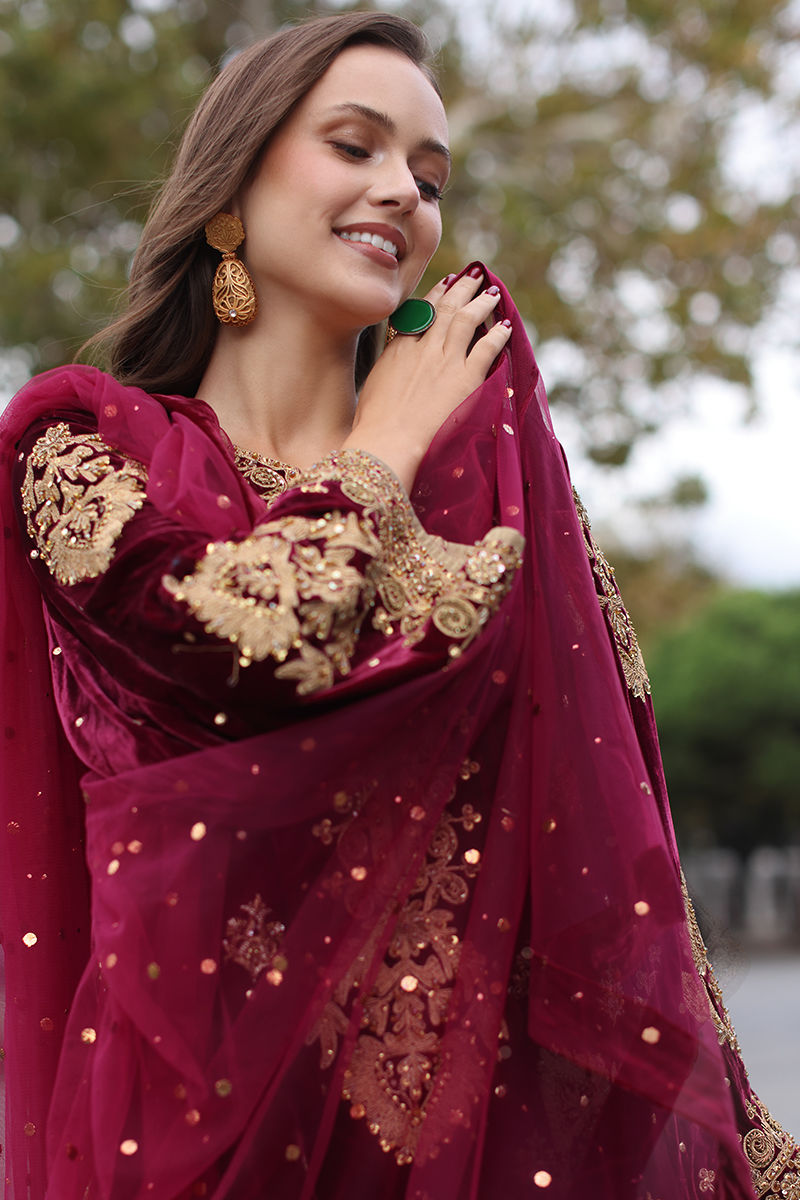 Pakistani Maroon Embroidered Velvet Salwar Kameez (3-Piece) - Image 7