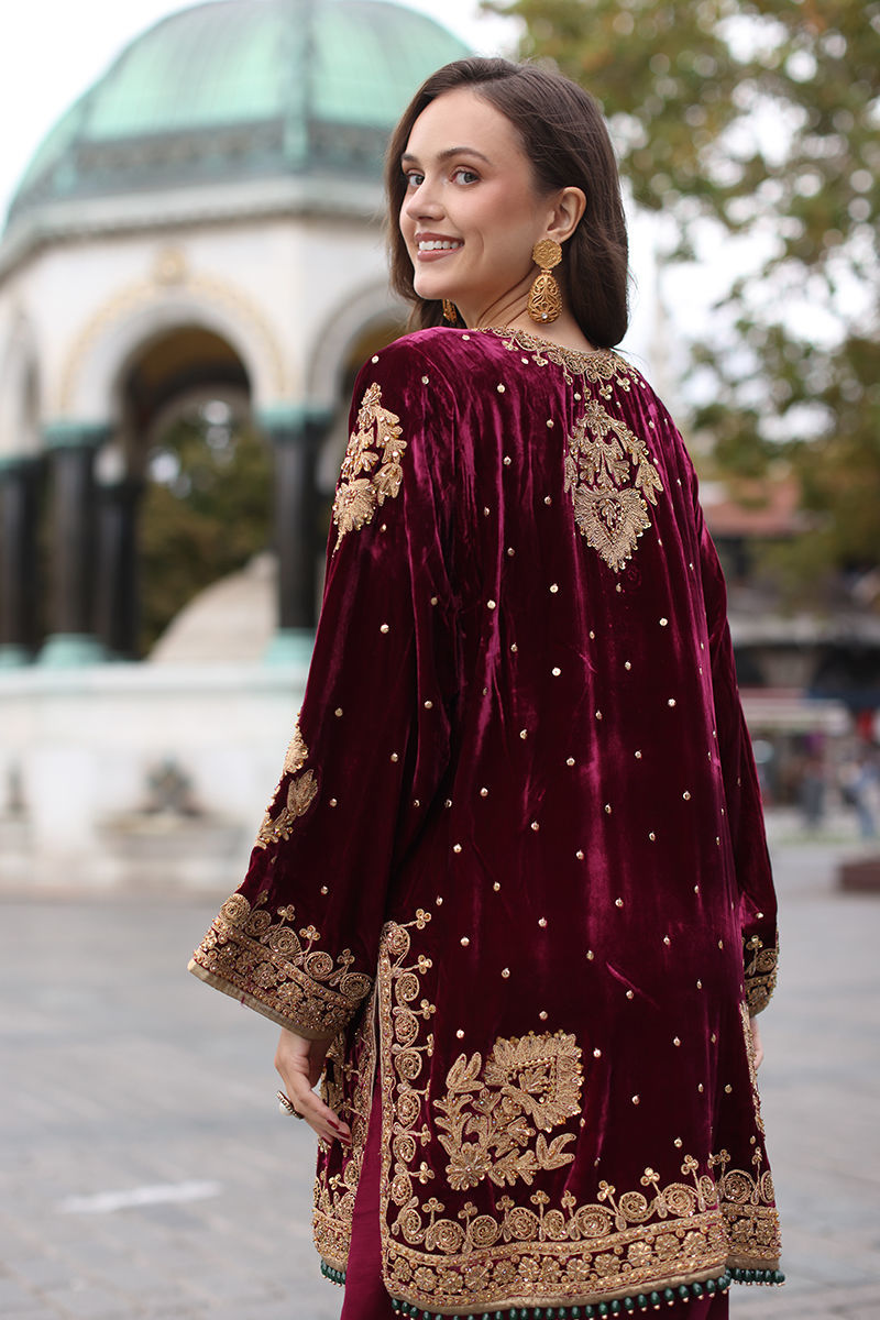 Pakistani Maroon Embroidered Velvet Salwar Kameez (3-Piece) - Image 8