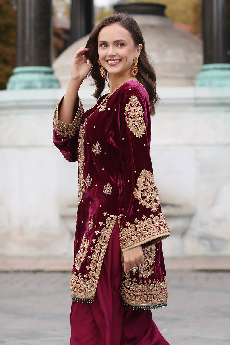 Pakistani Maroon Embroidered Velvet Salwar Kameez (3-Piece) - Image 9