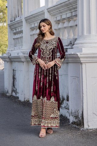 Pakistani Maroon Embroidered Velvet Long Dress (2-Piece) - Image 2