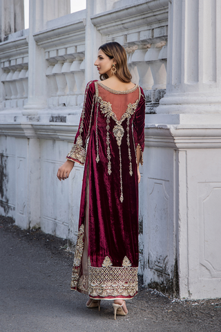 Pakistani Maroon Embroidered Velvet Long Dress (2-Piece) - Image 3