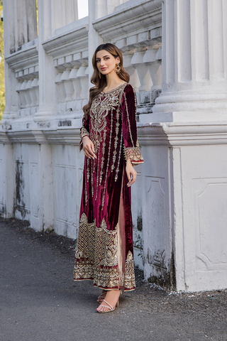 Pakistani Maroon Embroidered Velvet Long Dress (2-Piece) - Image 4