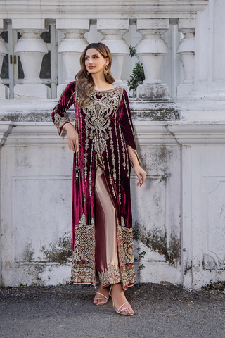 Pakistani Maroon Embroidered Velvet Long Dress (2-Piece) - Image 5
