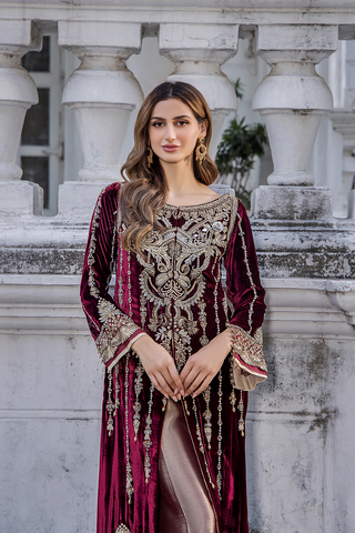 Pakistani Maroon Embroidered Velvet Long Dress (2-Piece) - Image 6