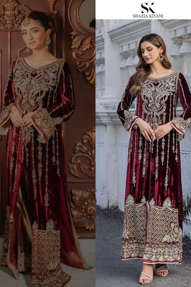 Pakistani Deep Maroon Gold Embroidered Velvet Kameez (2-Piece) - Image 1