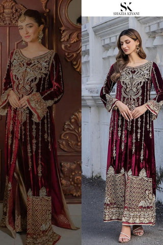 Pakistani Deep Maroon Gold Embroidered Velvet Kameez (2-Piece) - Image 2