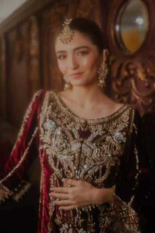 Pakistani Deep Maroon Gold Embroidered Velvet Kameez (2-Piece) - Image 3