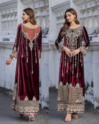 Pakistani Deep Maroon Gold Embroidered Velvet Kameez (2-Piece) - Image 6