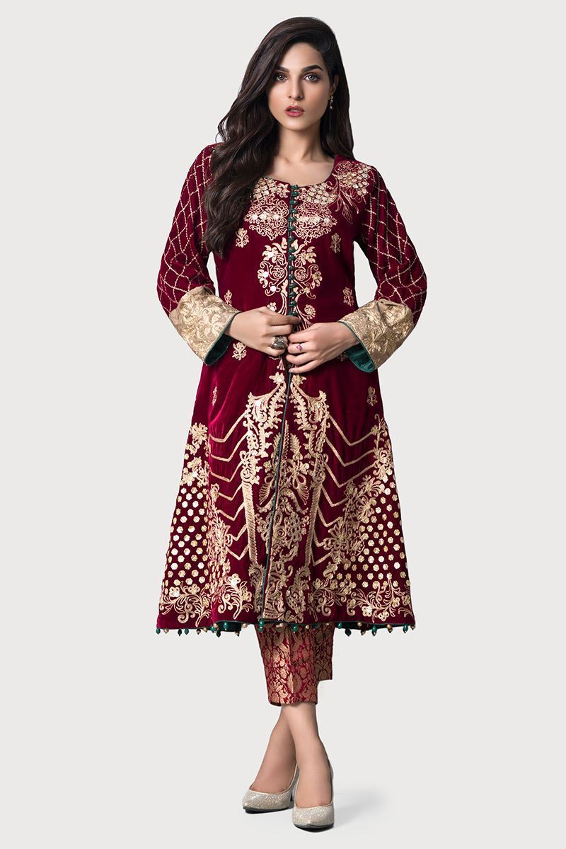 Maroon Gota Embroidered Velvet Salwar Kameez (2-Piece) - Image 1