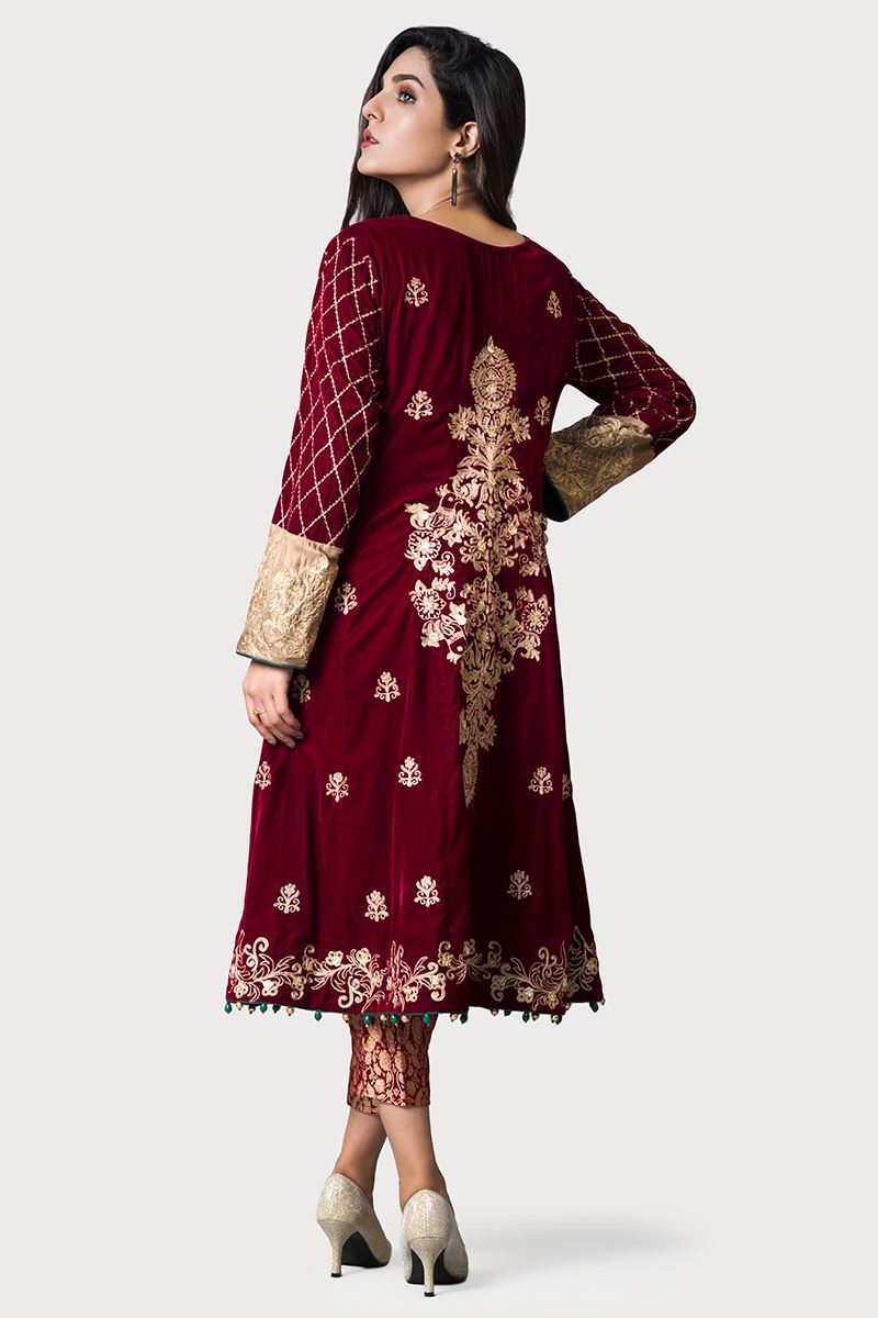 Maroon Gota Embroidered Velvet Salwar Kameez (2-Piece) - Image 2