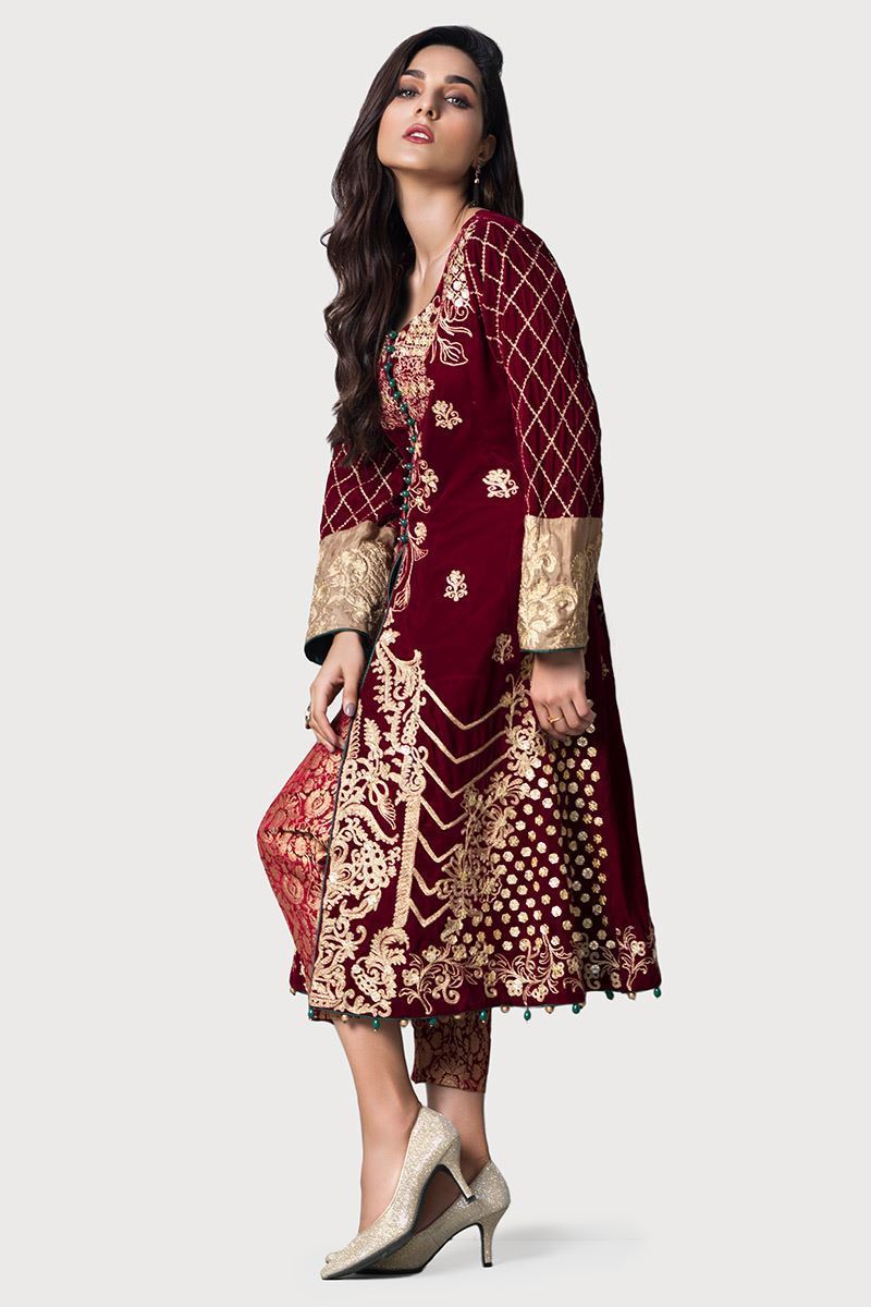 Maroon Gota Embroidered Velvet Salwar Kameez (2-Piece) - Image 3