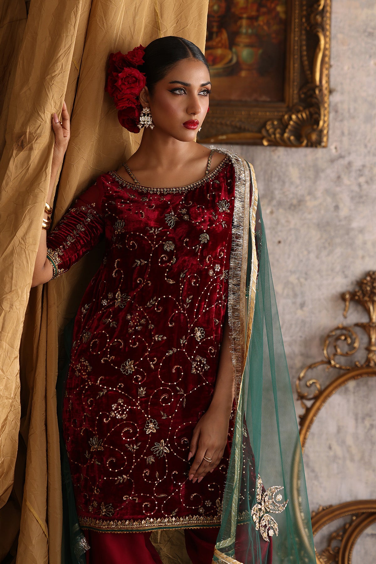 Deep Maroon Embroidered Velvet Salwar Kameez (3-Piece) - Image 2