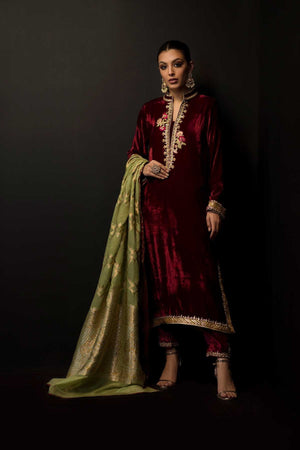 Maroon Handworked Pure Velvet Salwar Kameez (3-Piece) - Image 1