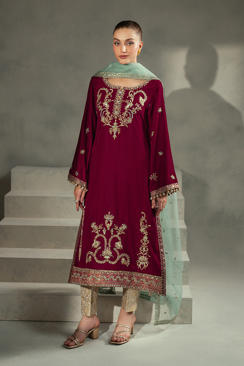 Pakistani Maroon Embroidered Velvet Salwar Kameez (3-Piece) - Image 1