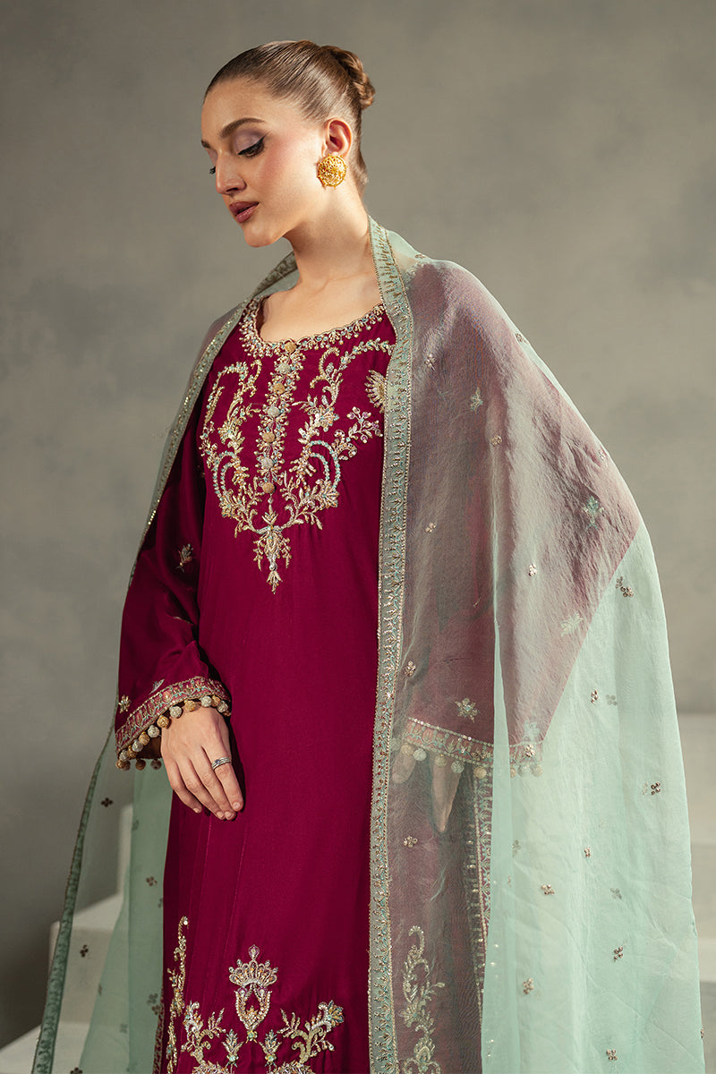 Pakistani Maroon Embroidered Velvet Salwar Kameez (3-Piece) - Image 2