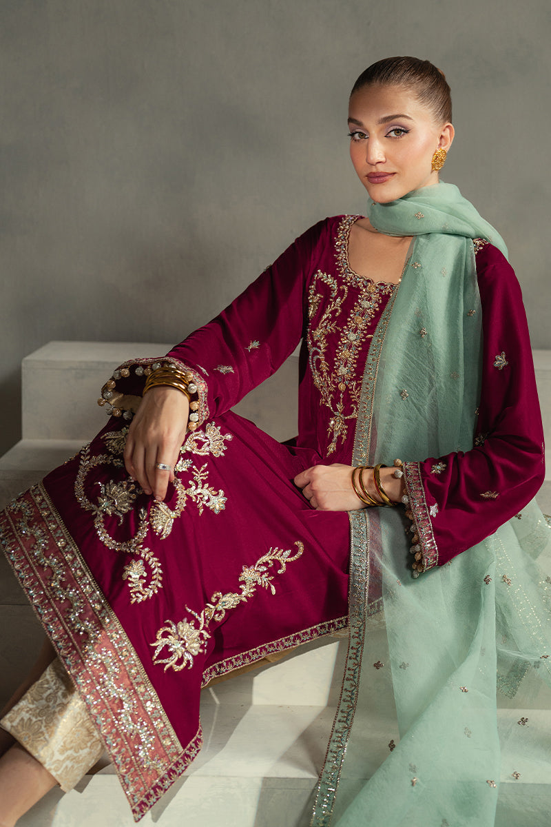Pakistani Maroon Embroidered Velvet Salwar Kameez (3-Piece) - Image 3