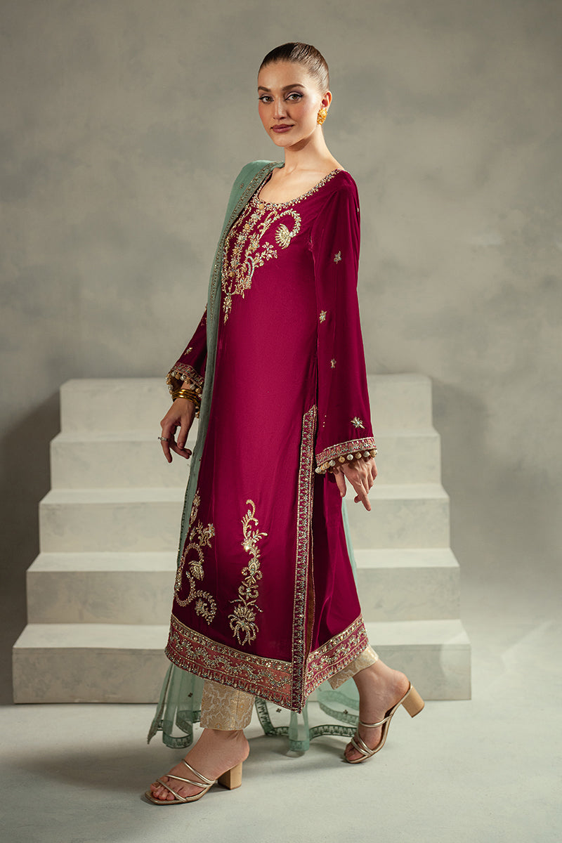 Pakistani Maroon Embroidered Velvet Salwar Kameez (3-Piece) - Image 4