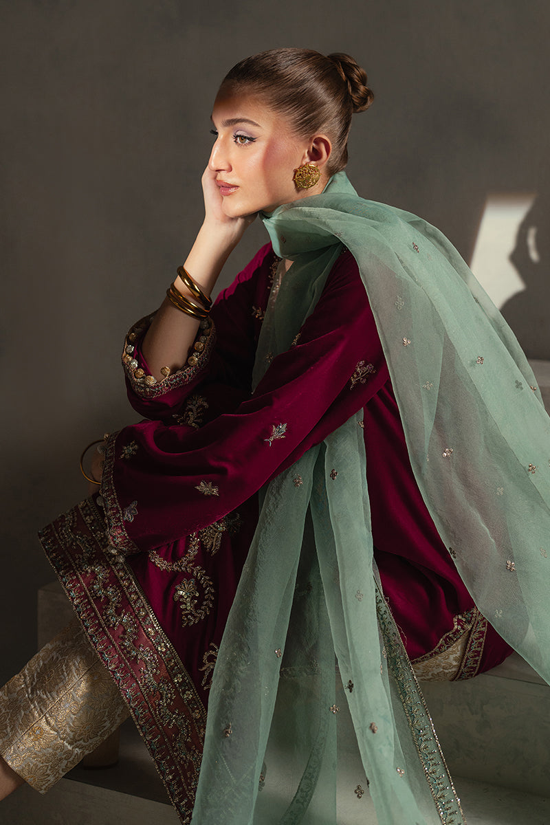 Pakistani Maroon Embroidered Velvet Salwar Kameez (3-Piece) - Image 5
