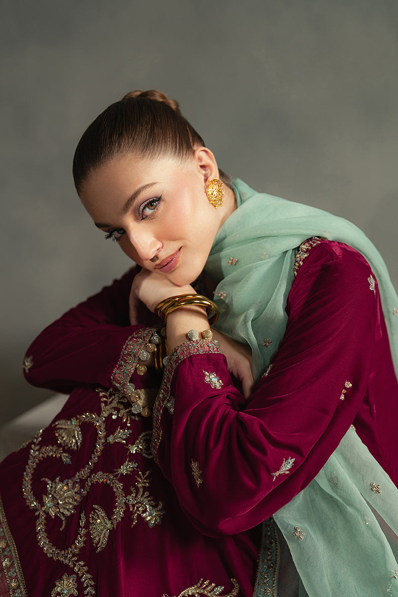 Pakistani Maroon Embroidered Velvet Salwar Kameez (3-Piece) - Image 9