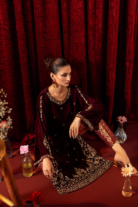 Maroon Embroidered Velvet Salwar Kameez (3-Piece) - Image 1