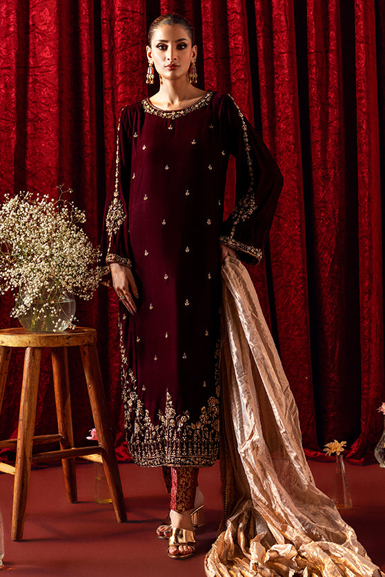 Maroon Embroidered Velvet Salwar Kameez (3-Piece) - Image 2