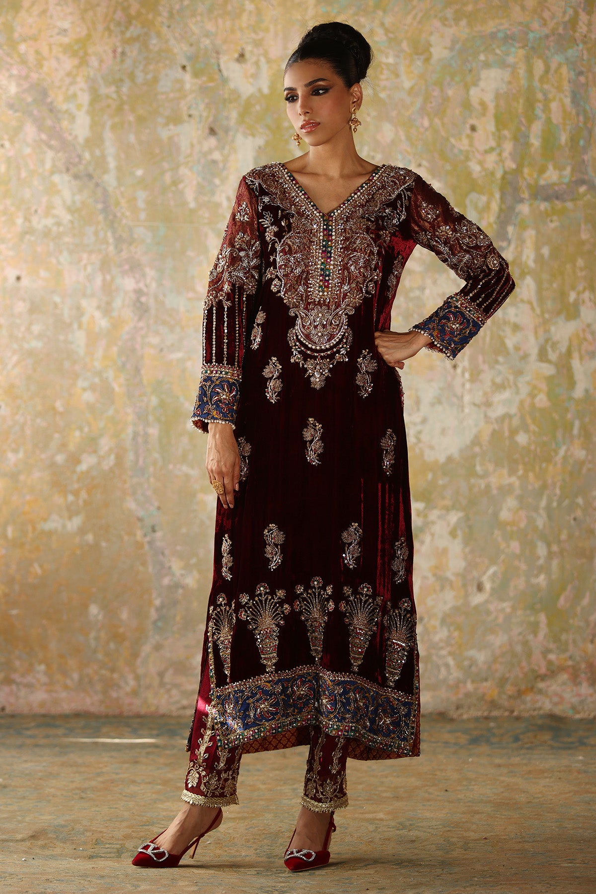 Pakistani Maroon Embroidered Velvet & Jamawar Salwar Kameez (2-Piece) - Image 1