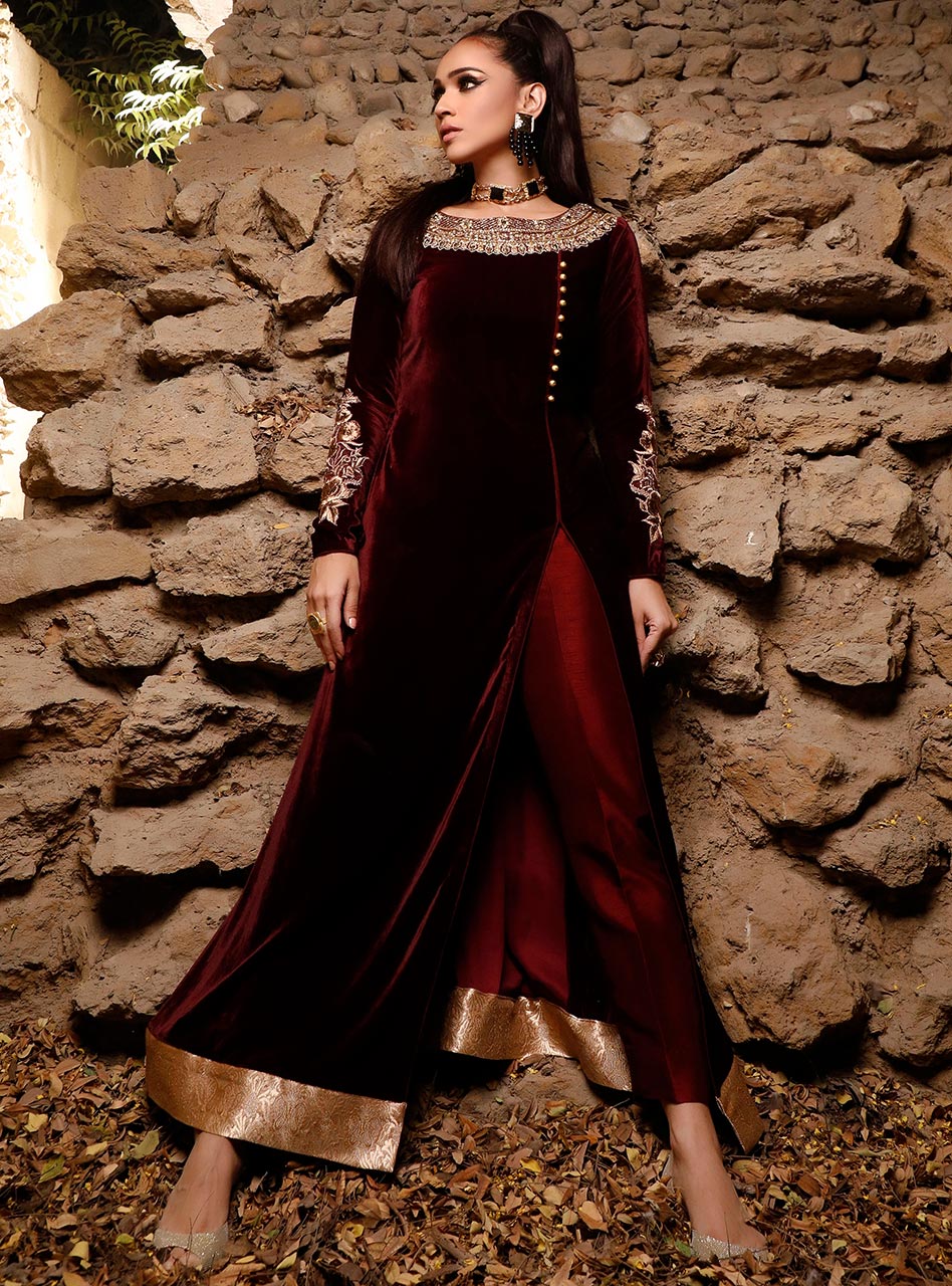 Pakistani Maroon Embroidered Velvet Salwar Kameez (2-Piece) - Image 1