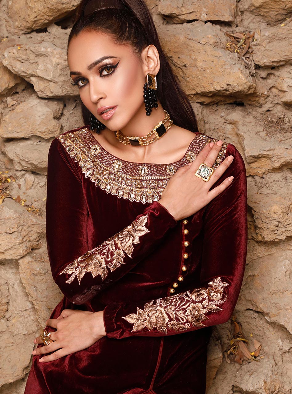 Pakistani Maroon Embroidered Velvet Salwar Kameez (2-Piece) - Image 2