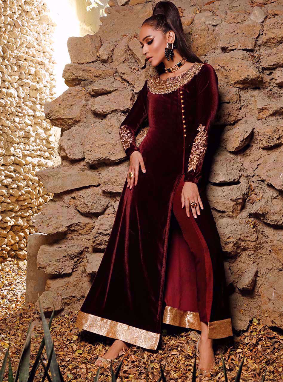 Pakistani Maroon Embroidered Velvet Salwar Kameez (2-Piece) - Image 3