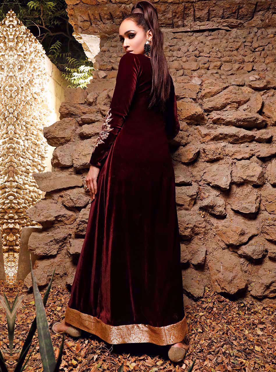 Pakistani Maroon Embroidered Velvet Salwar Kameez (2-Piece) - Image 4
