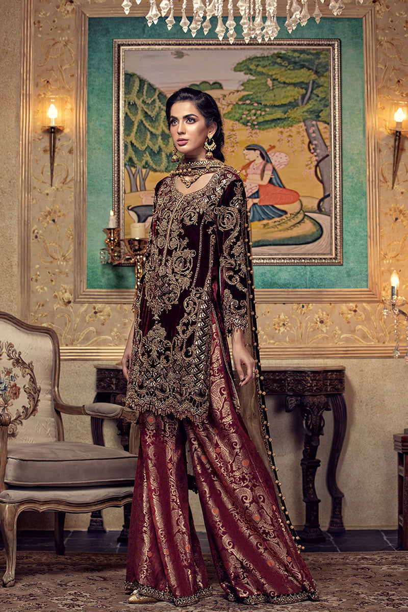 Pakistani Maroon Embellished Velvet & Jamawar Dhaka Trousers (3-Piece) - Image 1