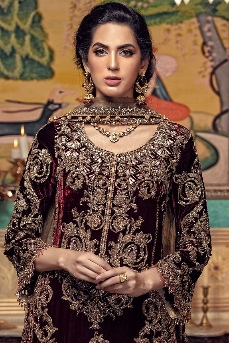 Pakistani Maroon Embellished Velvet & Jamawar Dhaka Trousers (3-Piece) - Image 2