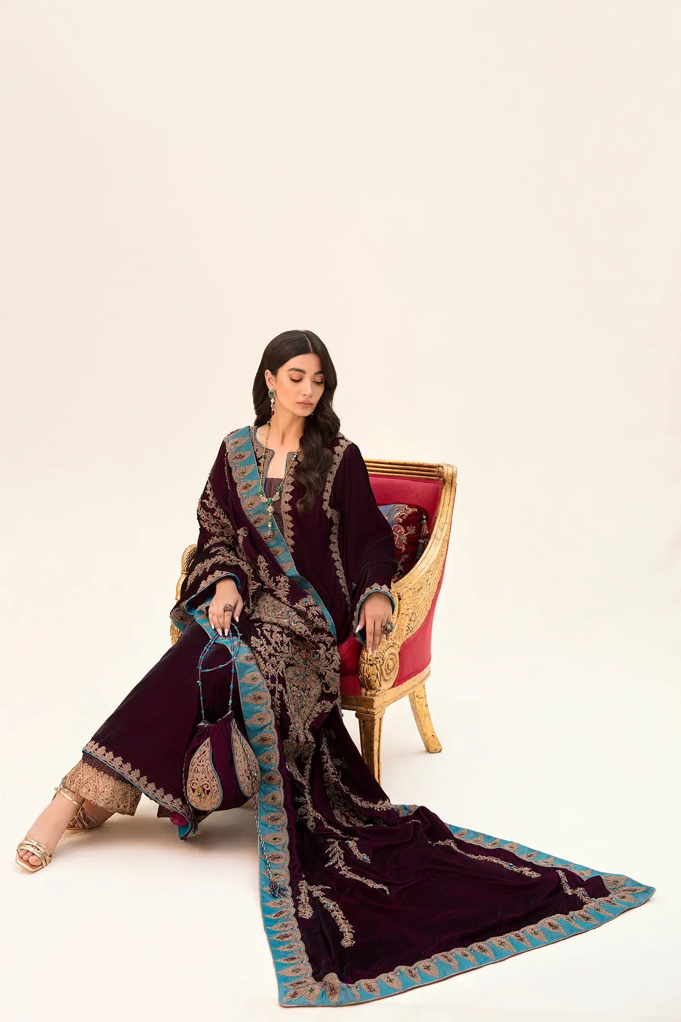 Pakistani Cherry Wine & Teal Embroidered Velvet Salwar Kameez (3-Piece) - Image 1