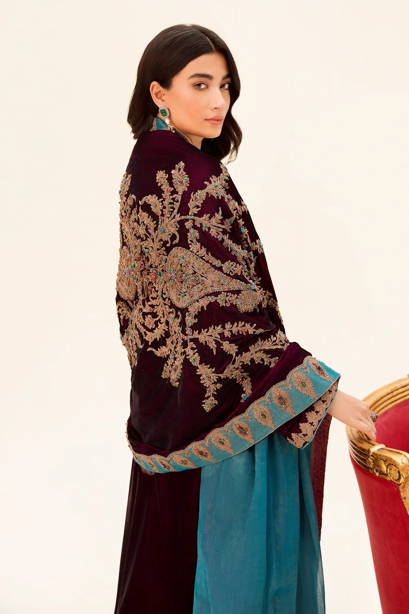Pakistani Cherry Wine & Teal Embroidered Velvet Salwar Kameez (3-Piece) - Image 2