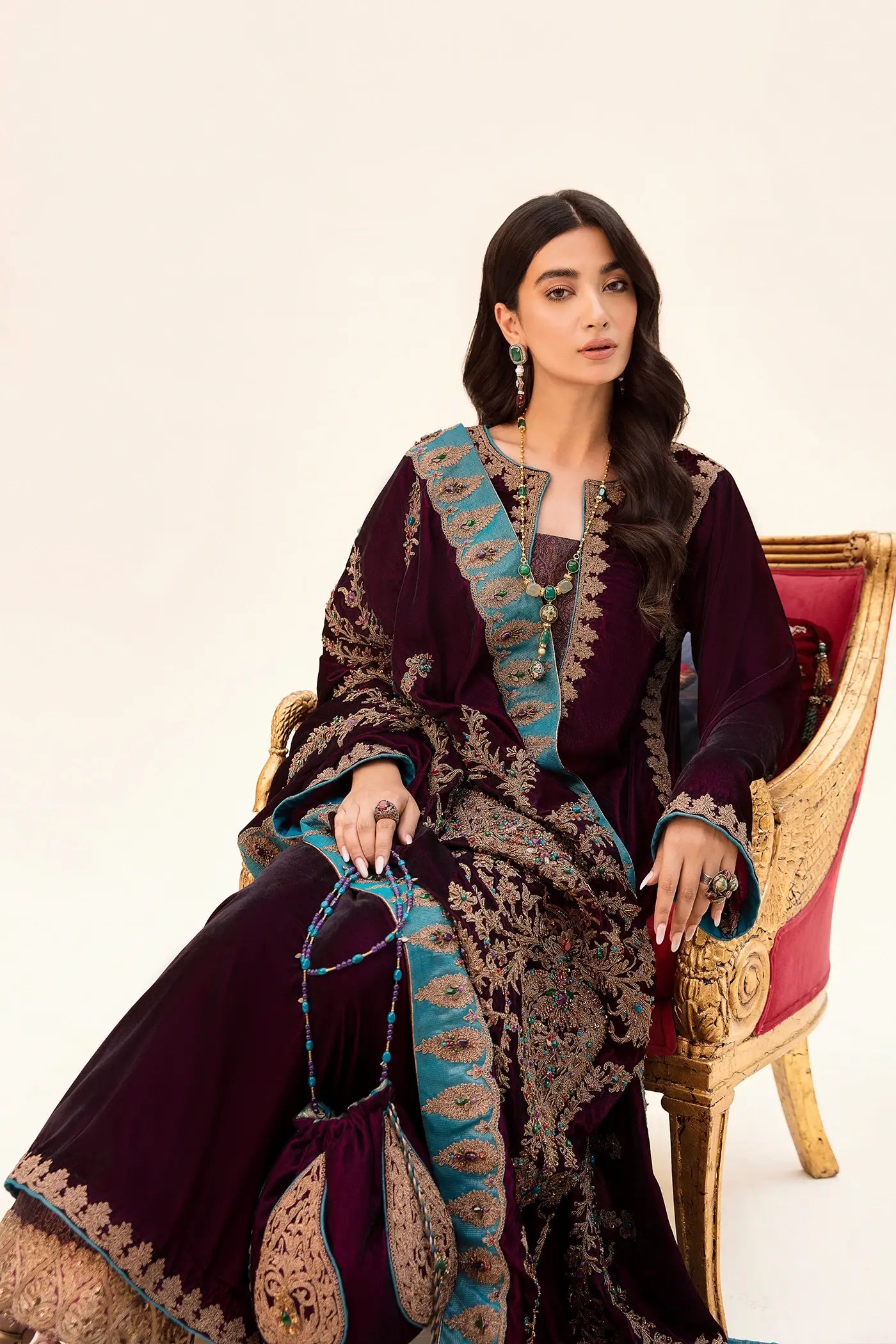 Pakistani Cherry Wine & Teal Embroidered Velvet Salwar Kameez (3-Piece) - Image 3