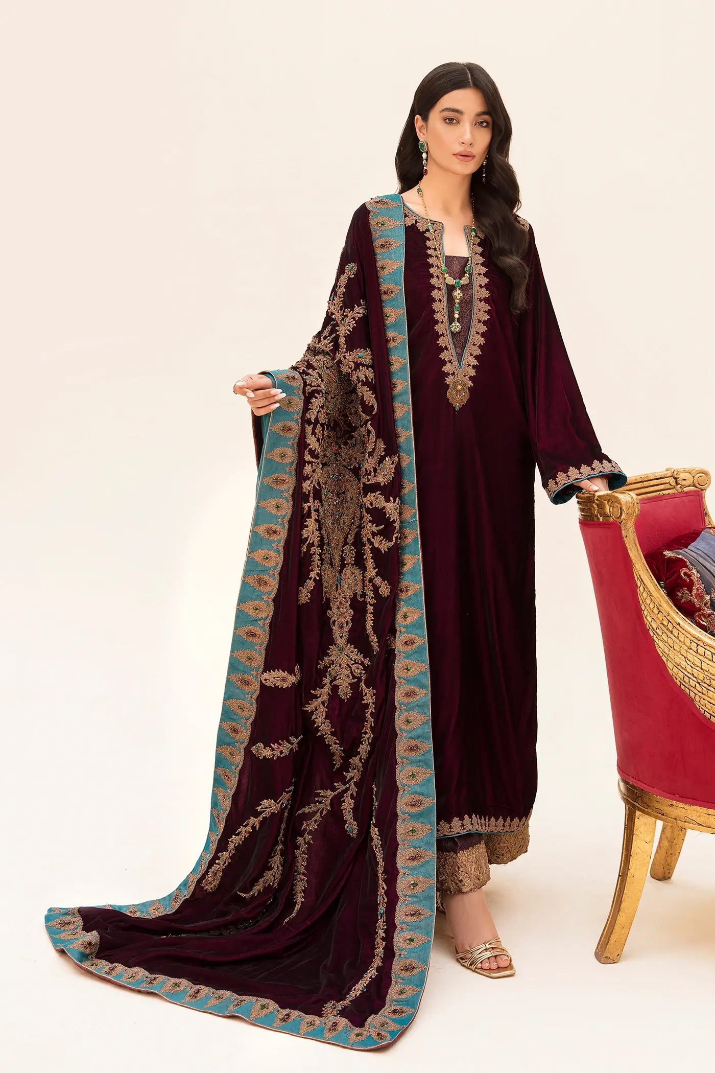 Pakistani Cherry Wine & Teal Embroidered Velvet Salwar Kameez (3-Piece) - Image 4