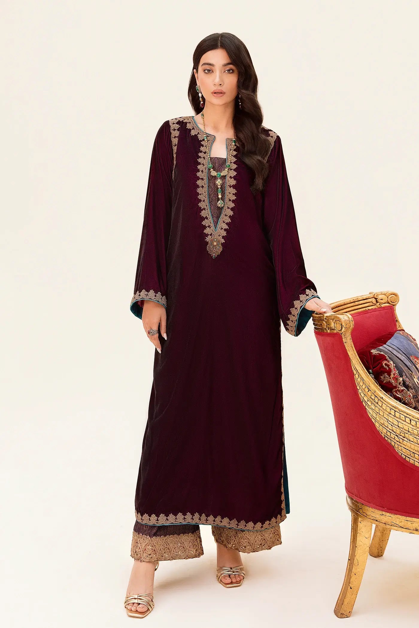 Pakistani Cherry Wine & Teal Embroidered Velvet Salwar Kameez (3-Piece) - Image 5