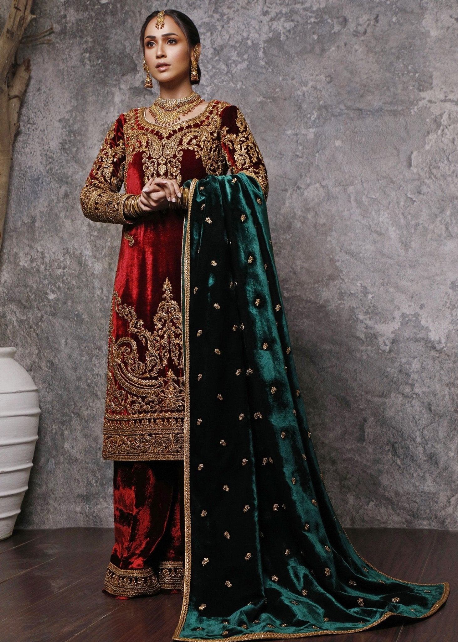 Maroon Gold Marori Velvet Salwar Kameez (3-Piece) - Image 1