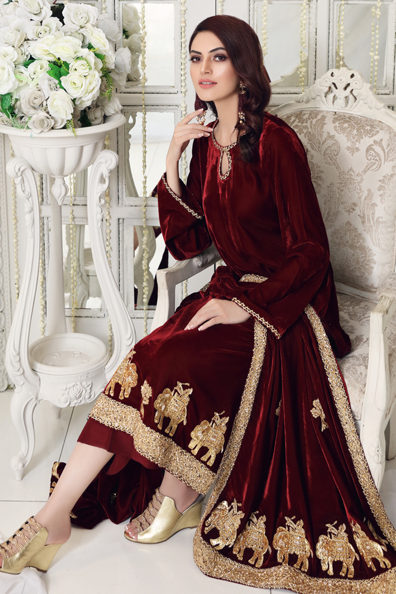 Pakistani Maroon Marori Embroidered Velvet Shirt (3-Piece) - Image 2