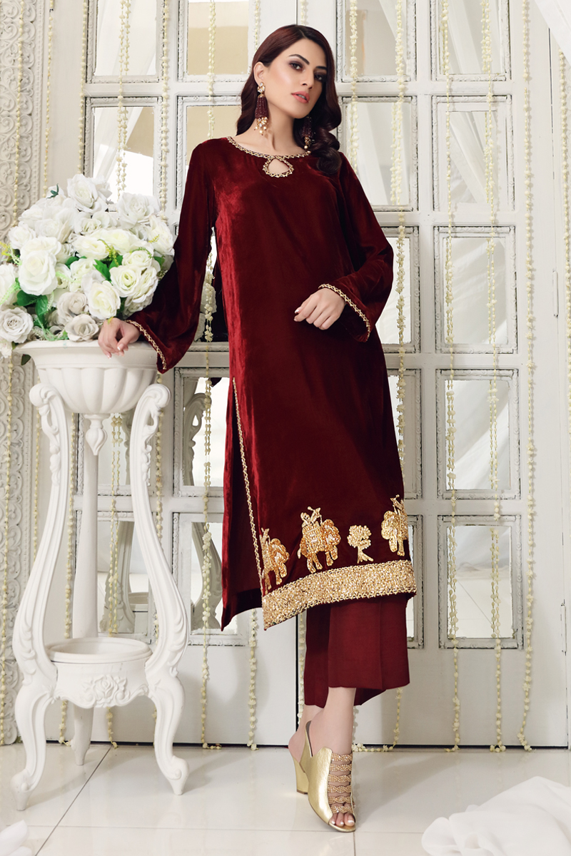 Pakistani Maroon Marori Embroidered Velvet Shirt (3-Piece) - Image 3
