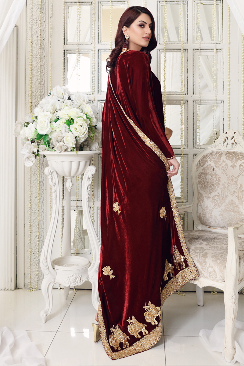Pakistani Maroon Marori Embroidered Velvet Shirt (3-Piece) - Image 4