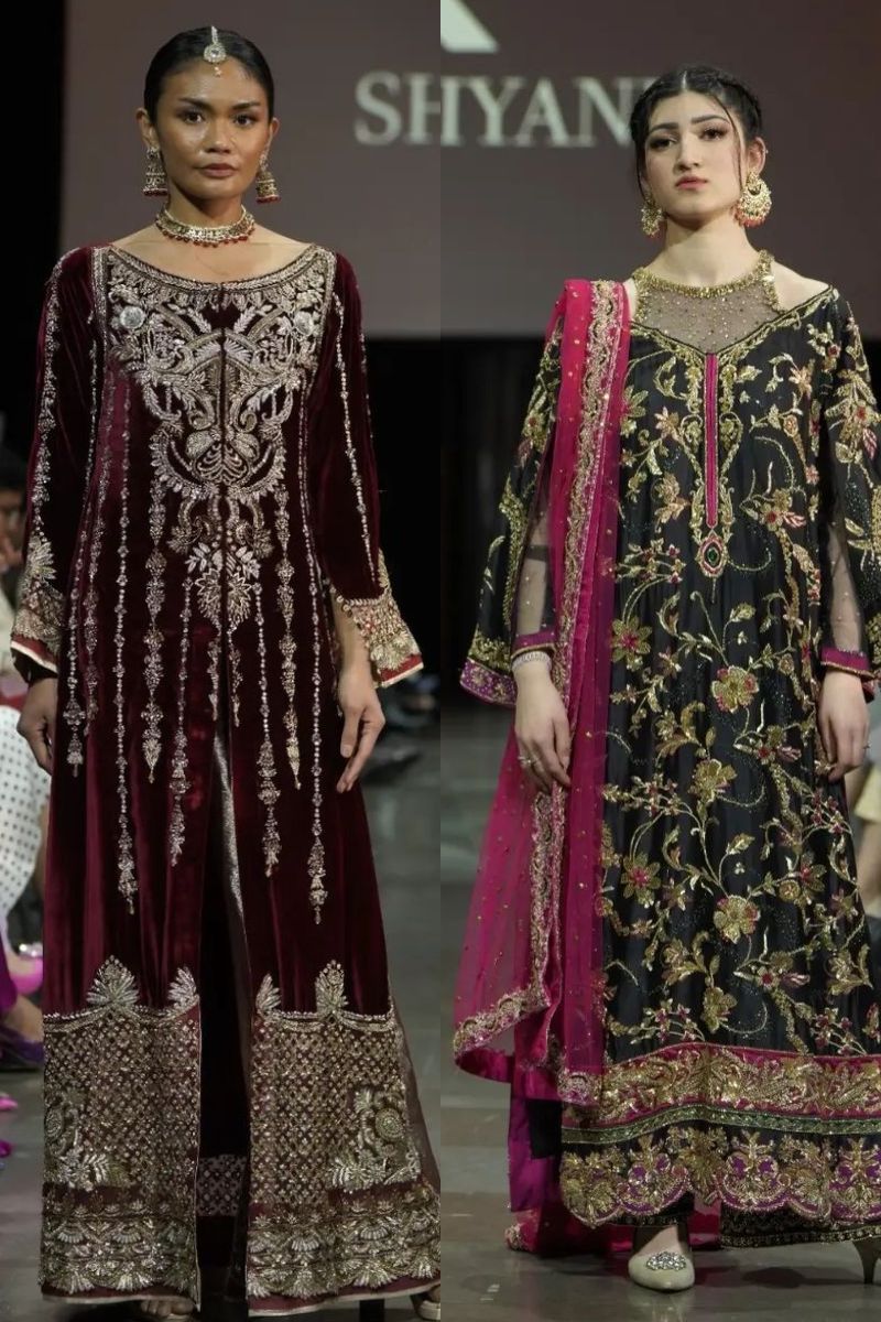 Maroon Velvet & Black Net Embroidered Salwar Kameez (3-Piece) - Image 1