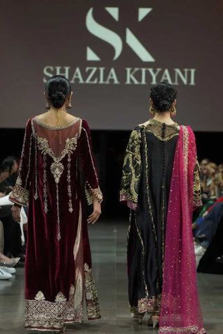 Maroon Velvet & Black Net Embroidered Salwar Kameez (3-Piece) - Image 3