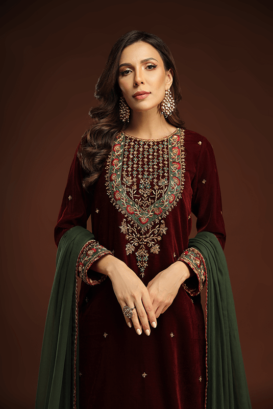 Pakistani Maroon Embroidered Velvet Salwar Kameez (3-Piece) - Image 4