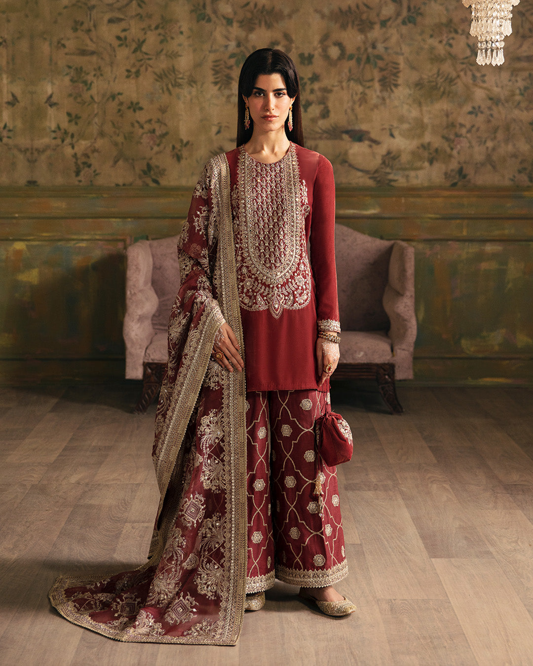 Deep Maroon Embroidered Velvet Salwar Kameez (3-Piece) - Image 1