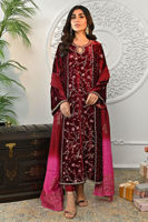 Maroon Embroidered Velvet Salwar Kameez (3-Piece) - Image 2