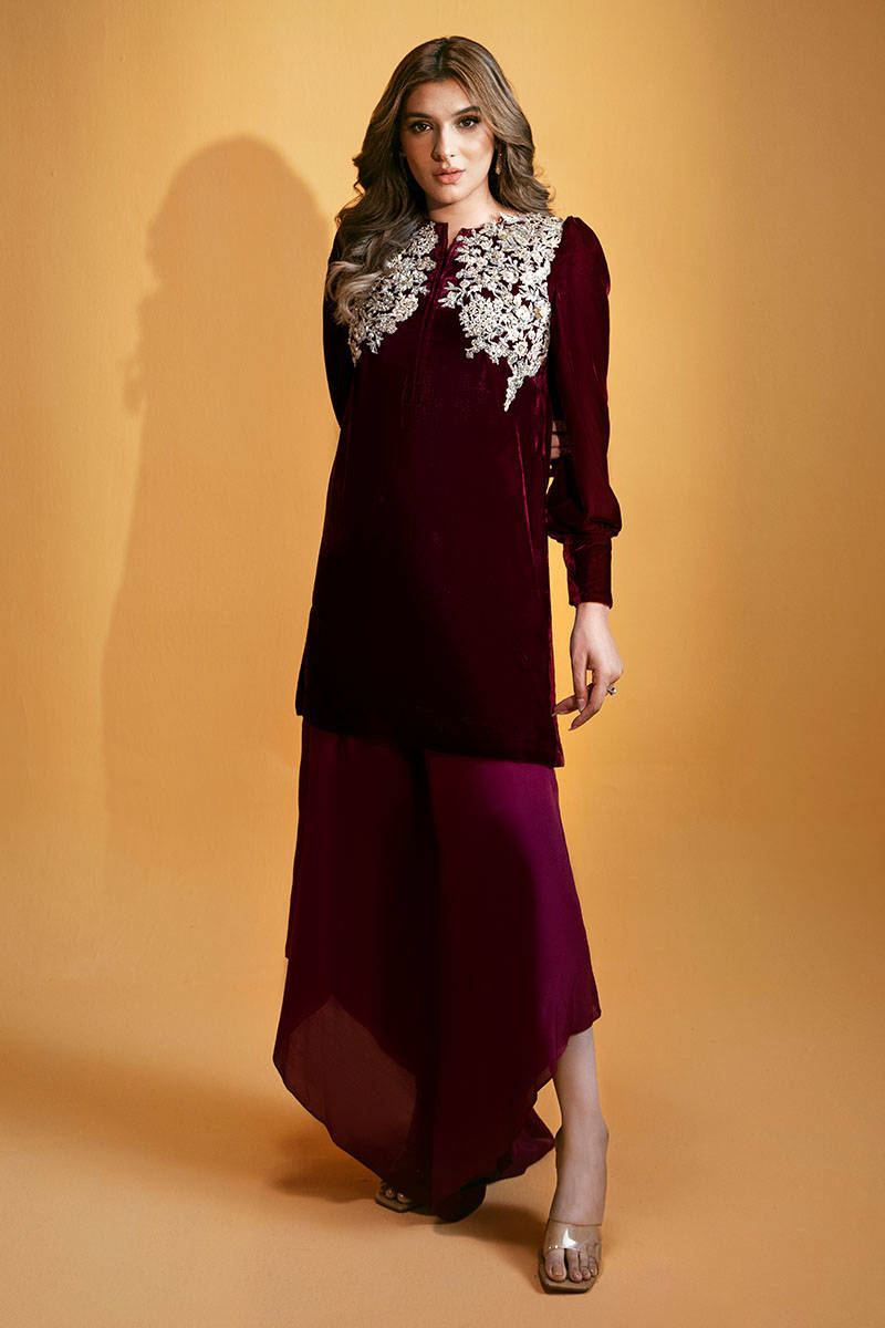 Maroon Swarovski Embellished Velvet Salwar Kameez (2-Piece) - Image 1