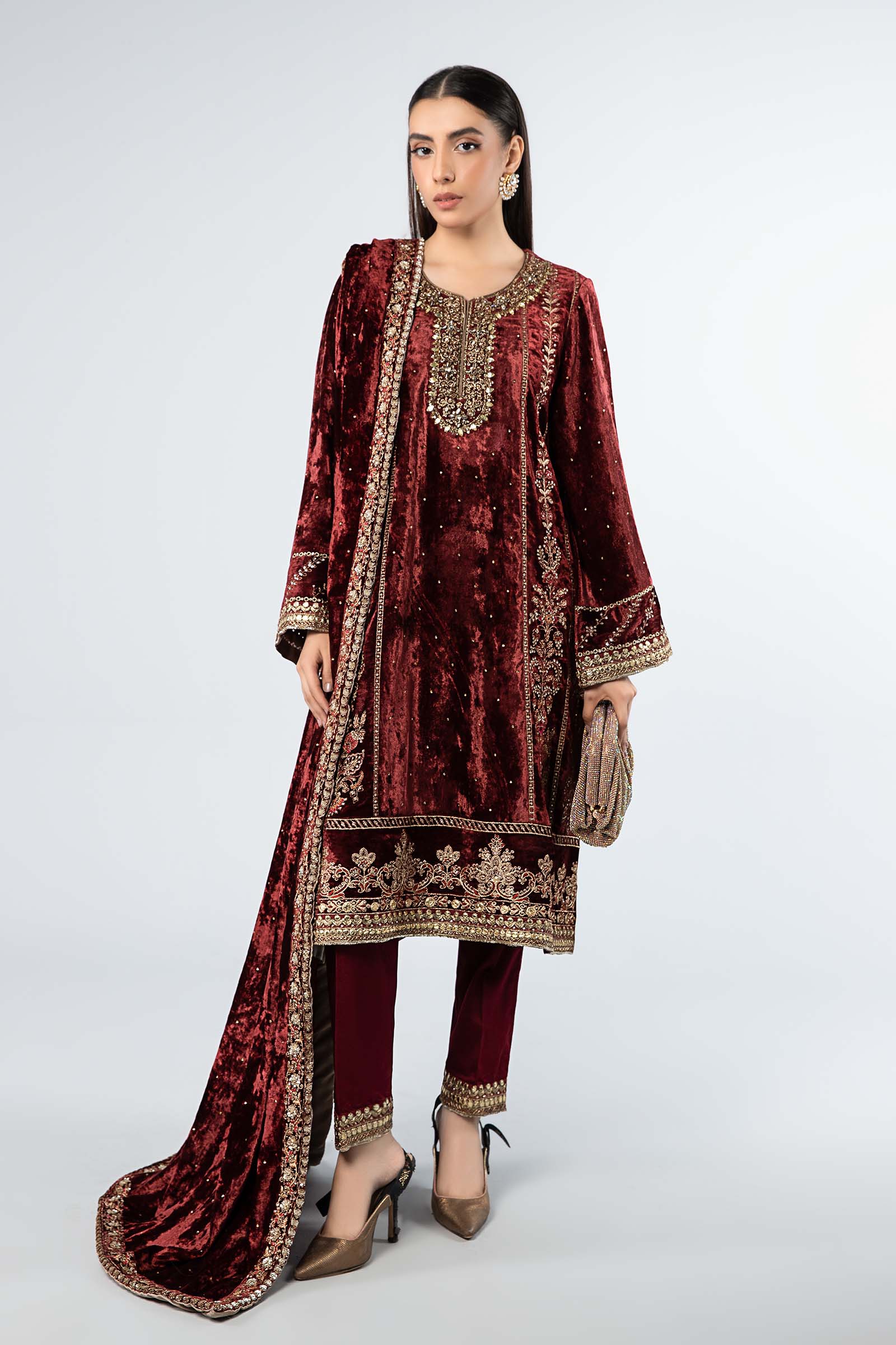 Pakistani Maroon Embroidered Velvet 3-Piece Suit - Image 1