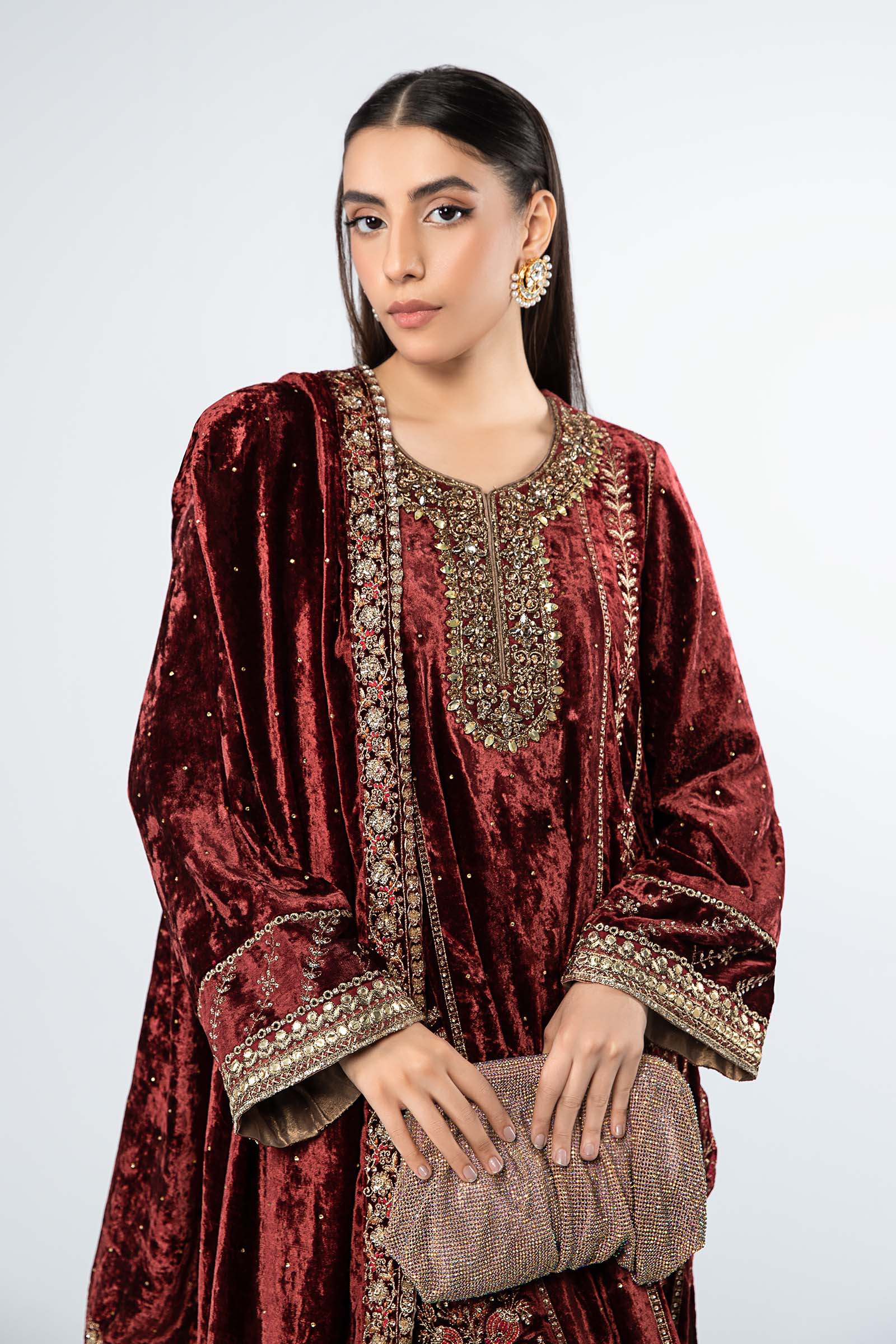 Pakistani Maroon Embroidered Velvet 3-Piece Suit - Image 2
