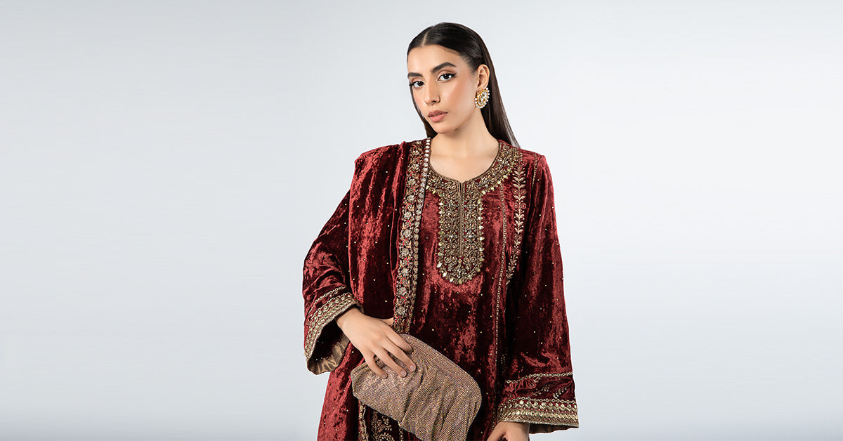 Pakistani Maroon Embroidered Velvet 3-Piece Suit - Image 6